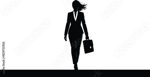 A confident businesswoman silhouette walks forward with purpose, carrying her briefcase against a white background