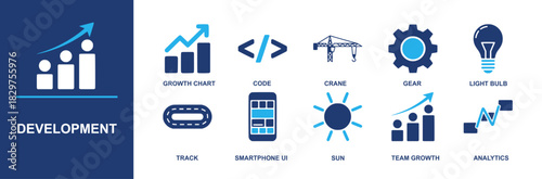 Development icons with growth chart, code, track, smartphone UI, crane, sun, team growth, gear and analytics. Bold, modern, business visuals ideal for dashboards, strategy decks docs and websites all
