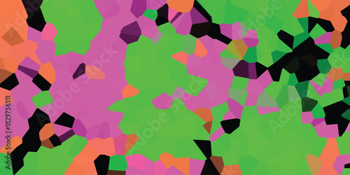 Vibrant abstract mosaic pattern with irregular polygonal shapes in bright green, pink, orange, and black, creating a dynamic and energetic visual texture for backgrounds and design elements