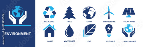Environment icons with earth, recycling, tree, wind turbine, solar panel, house, water drop, leaf, eco bulb and world hands. Clean green visuals for sustainability, education, posters, apps and sites