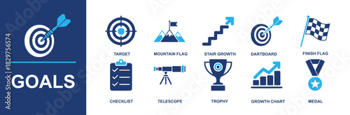 Goals icon set. Containing target, dartboard, finish flag, trophy, medal, checklist, telescope, mountain flag, stair growth, KPI chart, achievement, planning, success tracking and more. Solid vector i