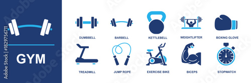 Gym icon set. Containing dumbbell, barbell, kettlebell, treadmill, exercise bike, jump rope, weightlifter, boxing glove, stopwatch, biceps, workout, strength training, cardio fitness and more. Solid v