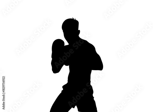 Silhouette of a male boxer in fighting stance against a white background