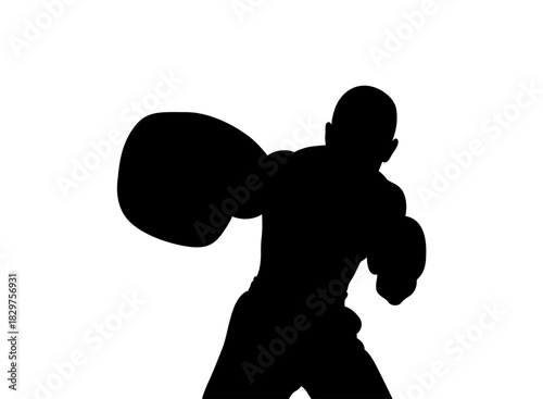 Silhouette of a boxer punching with power and determination on white background