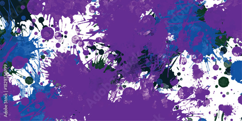 Vibrant purple and blue paint splatters and splashes on a white background, creating an energetic and artistic abstract explosion of color for creative design and expressive backgrounds
