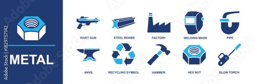 Metal icon set. Containing welding, machining, rivet gun, steel beams, factory, anvil, hammer, hex nut, pipework, blow torch, recycling symbol, welding mask, pipe wrench, and more. Solid vector icons