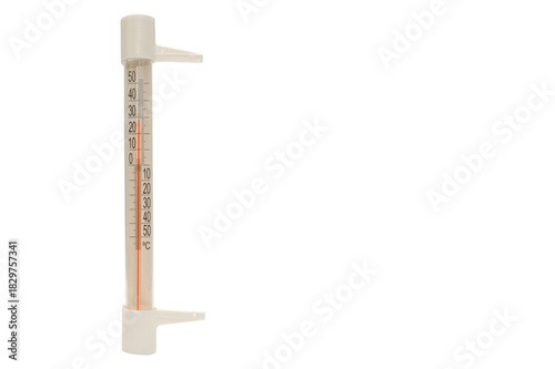 A thermometer for measuring the outside temperature. On a white background.