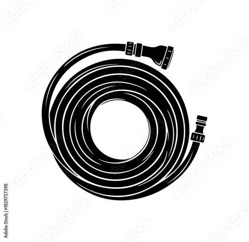 Durable garden hose coiled neatly for watering lawns, plants, and landscape needs. Ready to use!