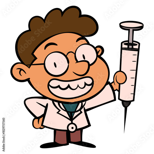 Funny Cartoon Doctor Character in a Lab Coat Holding a Giant Injection. Ideal vector graphic for Healthcare Stickers, Medical Clinic Logos, and Health or Vaccination Mascots