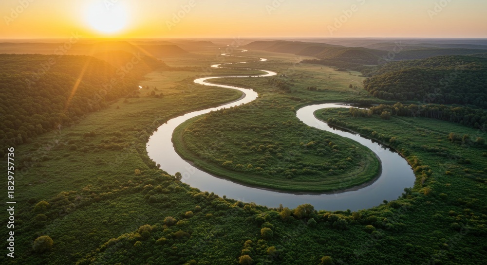Fototapeta premium Aerial view of a winding river through lush green landscape at sunrise