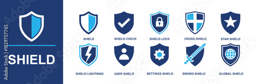Shield icon set. Containing security badge, check shield, lock shield, cross emblem, star crest, lightning bolt, user shield, settings, sword, global shield icon, privacy and more. Solid vector icons.