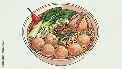 Indonesian Bakso Meatball Dish – Colorful Vector Food Illustration