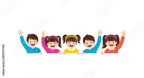 Five cheerful and diverse children enthusiastically raise their hands, depicting participation, greeting, or excitement on a white background.