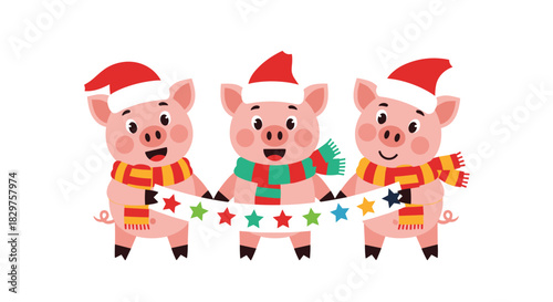 Three happy cartoon pigs in Santa hats and scarves holding a colorful star garland, celebrating the festive holiday season and New Year.