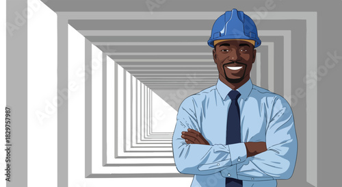 An African American male engineer smiling with his arms crossed wearing a blue hard hat and a blue shirt and tie