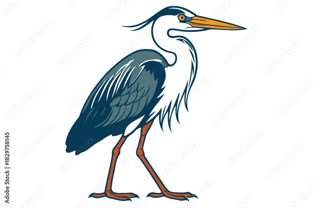 Naklejka premium Artistic illustration of a majestic grey heron standing tall with its long beak and elegant plumage against a white background