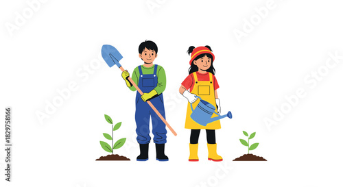 Young gardeners, a boy with a shovel and a girl with a watering can, planting and nurturing saplings, representing environmental care and growth.
