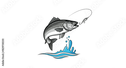 A powerful fish leaps from the water, attempting to seize a shiny fishing lure, creating dynamic splashes and waves.