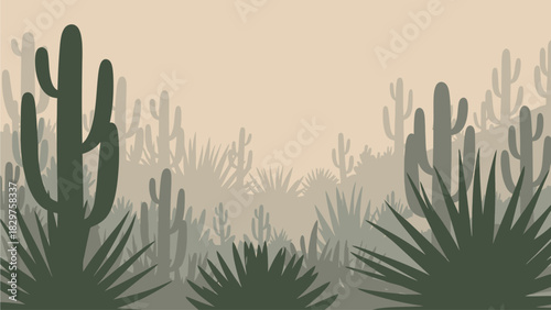 A minimalist illustration of a desert landscape with various cacti and agave plants under a clear sky.