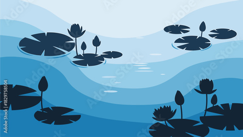 A serene blue water landscape with stylized water lilies and lily pads floating on wavy, layered water.