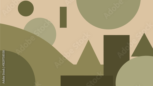An abstract minimalist composition featuring geometric shapes in earthy green and beige tones, creating a modern and stylized landscape.