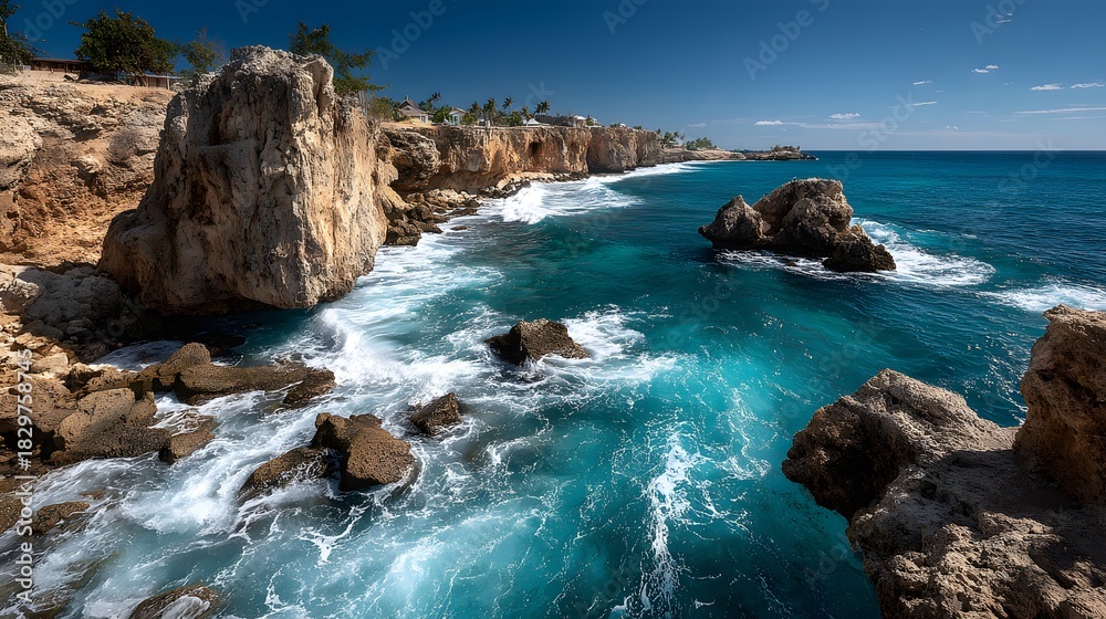 Naklejka premium Stunning coastal landscape features limestone cliffs and turquoise ocean waves crashing on rocks under a sunny blue sky in wide angle view.