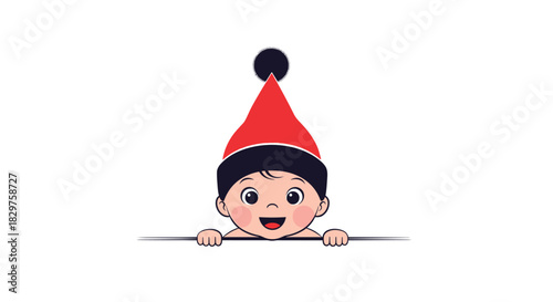 A cute cartoon baby in a red Santa hat joyfully peeks over a line, smiling with wide eyes, perfect for holiday and Christmas themes.
