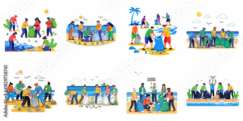 Vector illustrations set of people cleaning up plastic waste and trash from beaches and nature, emphasizing environment protection and volunteer effort.