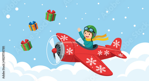 A joyful child pilot flies a festive red airplane adorned with snowflakes, dropping wrapped Christmas gifts into a snowy sky with clouds.