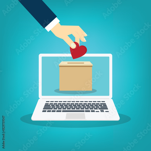 Donation concept. Hand putting red heart in box.	