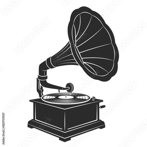 Vintage Gramophone Silhouette – Retro Music Player Vector Illustration
