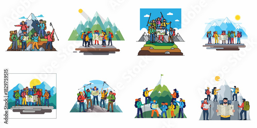 Vector set of hiking and trekking groups on mountain adventures, using maps for navigation and celebrating teamwork success.