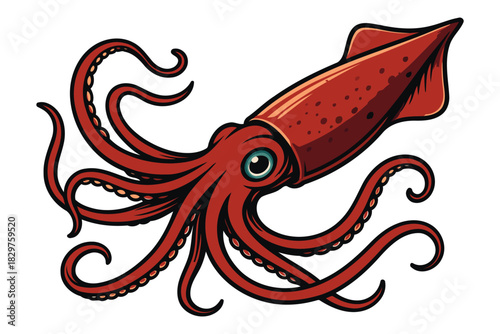 Vibrant illustration of a red squid with swirling tentacles and large blue eyes depicted in a dynamic pose against a white background