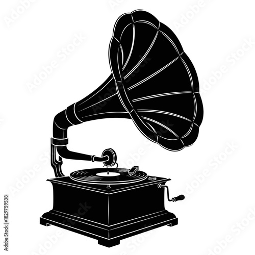 Vintage Gramophone Silhouette – Retro Music Player Vector Illustration