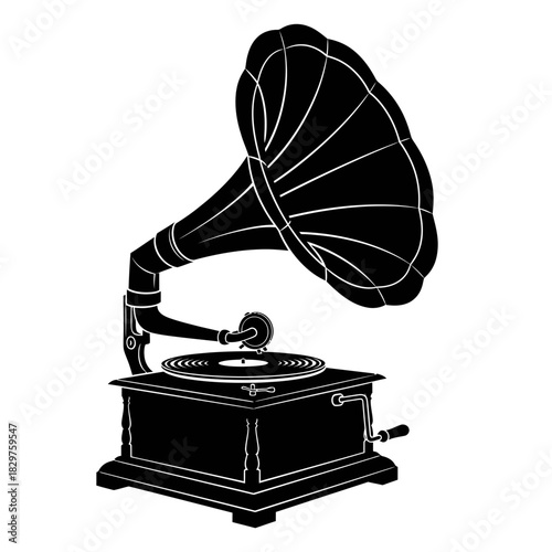 Vintage Gramophone Silhouette – Retro Music Player Vector Illustration