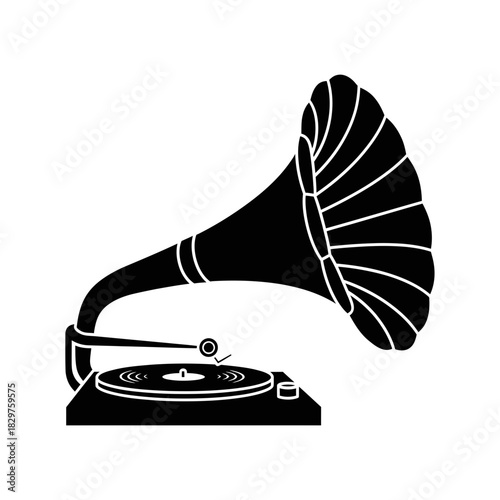 Vintage Gramophone Silhouette – Retro Music Player Vector Illustration