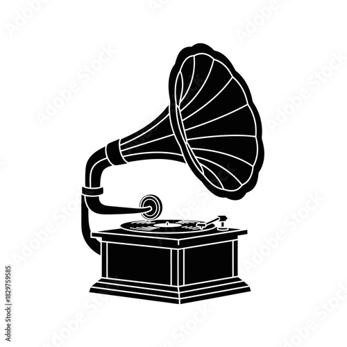 Vintage Gramophone Silhouette – Retro Music Player Vector Illustration