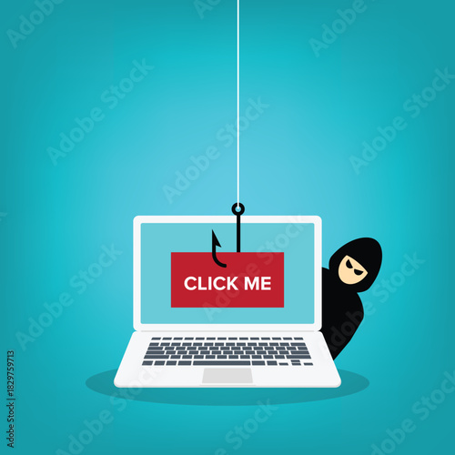 Hacker trying to steal confidential data, personal information and credit card detail. Click me bait on a laptop computer.	