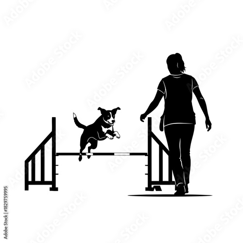 Dog Training Silhouette – Woman Teaching Dog Command Vector Illustration