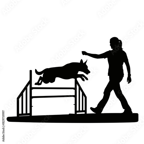 Dog Training Silhouette – Woman Teaching Dog Command Vector Illustration
