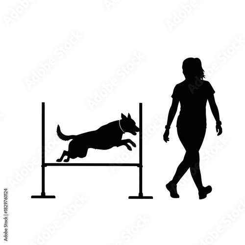 Dog Training Silhouette – Woman Teaching Dog Command Vector Illustration