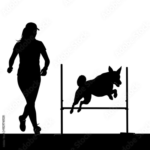 Dog Training Silhouette – Woman Teaching Dog Command Vector Illustration