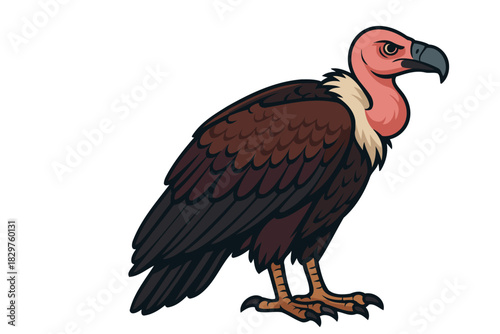 A detailed illustration of a predatory vulture with a pink head and dark brown feathers standing alert on a white background