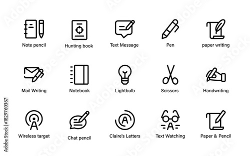 Professional Writing Toolkit Icons. documents, paragraphs, idea building, proofreading, and creative content assets.