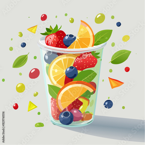 Vibrant Fruit Salad Cocktail in a Clear Plastic Cup with Floating Berries and Citrus Slices Against a Light Gray Background and Geometric Shapes