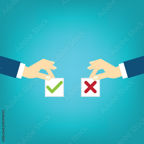 Hands holding yes and no papers as pros and cons . Comparing positive advantages or negative disadvantages	