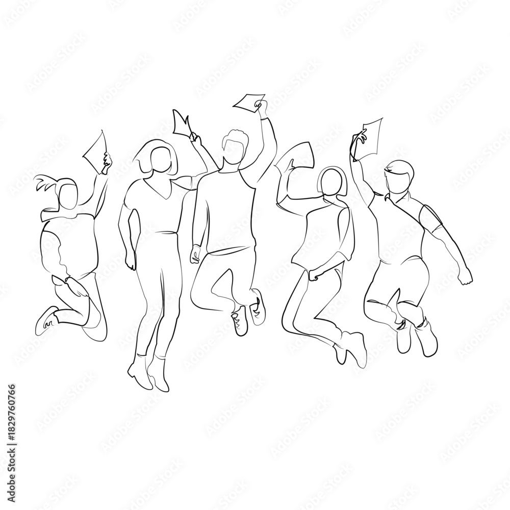 Fototapeta premium One continuous line drawing on white isolated background. Minimalism linear illustration. student, friends, group, success, joy, people, college, exam, university, education