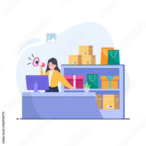 Flat shopping illustration. Buyers transact with store employees. payment at the cashier to be paid.