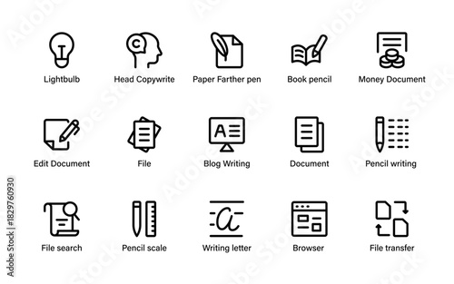 Digital Writing Workflow Icons. notes, scripts, text crafting, editorial structure, and content creation essentials.