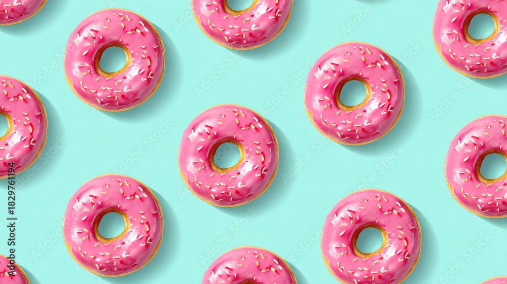 Fototapeta premium Colorful Pink Donuts with Sprinkles on Turquoise Background, Perfect for Sweet Treats, Desserts, Bakery Themes, and Food Aesthetics for Inspiration